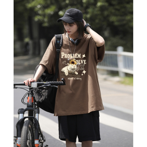 慵懒风小猫咪印花休闲宽松打底衫美式纯棉圆领短袖T恤HY574TP20图片
