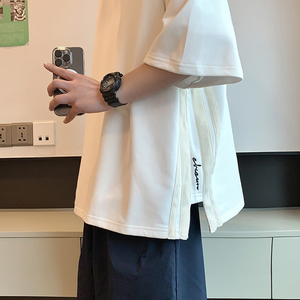 条纹拼接短袖t恤男夏季潮牌小众设计感宽松半袖重磅嘻哈高街体恤图片