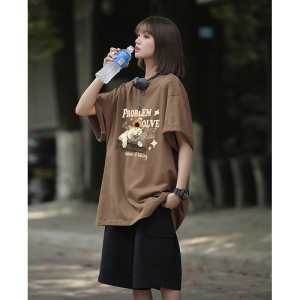 慵懒风小猫咪印花休闲宽松打底衫美式vibe纯棉短袖T恤HY574TP20