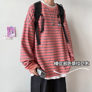 2021港风情侣宽松条纹长袖卫衣百搭上衣内搭打底衫潮HY24T