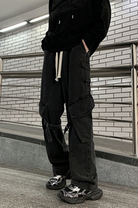 美式复古潮流设计感加厚牛仔裤情侣宽松直筒休闲长裤K431P65控89图片