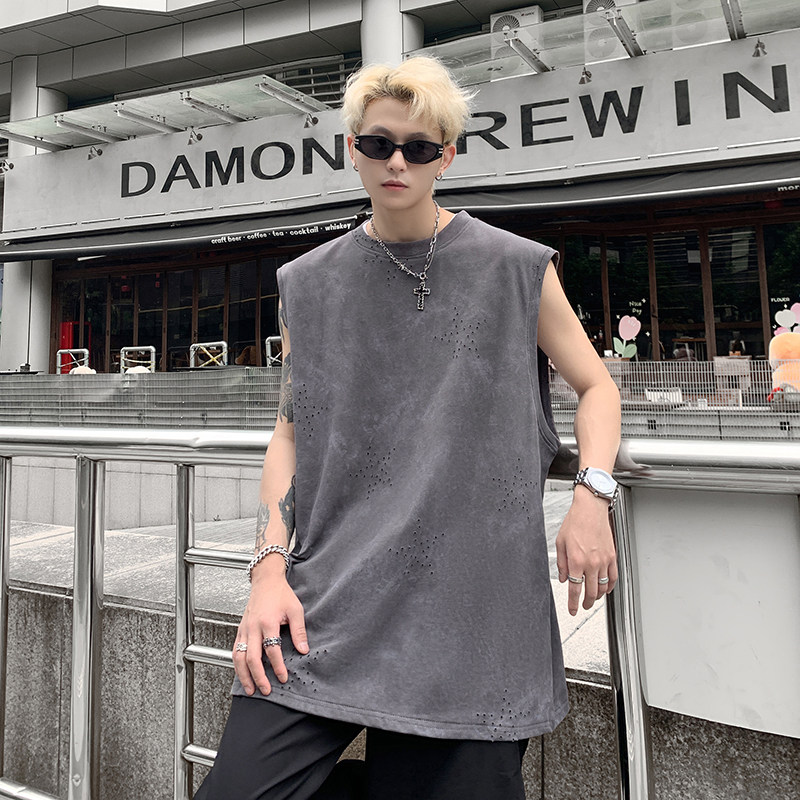 美式纯棉打底背心潮流圆领男女同款宽松休闲免烫无袖T恤HY569TP35,男装T恤,电商A102B