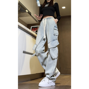 vibe高街美式潮牌休闲宽松牛仔裤情侣直筒长裤K431P65控89图片