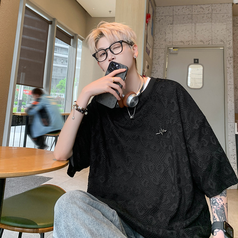 镂空设计纯色T恤短袖百搭款透气舒适圆领打底衫HY538TP35控58,男装T恤,电商A102B