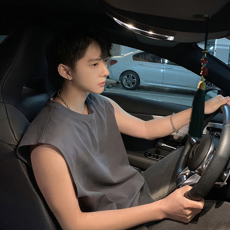新款潮牌背心2024日系复古简约纯色宽松无袖T恤衫背心HY48TP15,男装背心/马甲,电商A102B