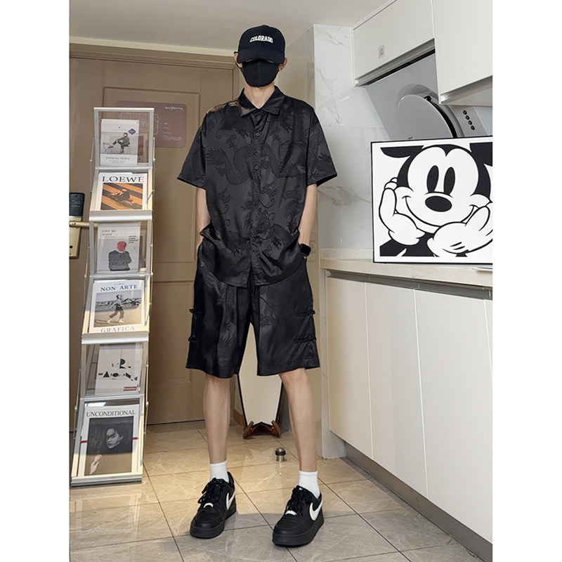 新款新中式龙纹宽松休闲薄款衬衣短裤套装唐装风套装T11TP65,男装衬衫,电商A102B