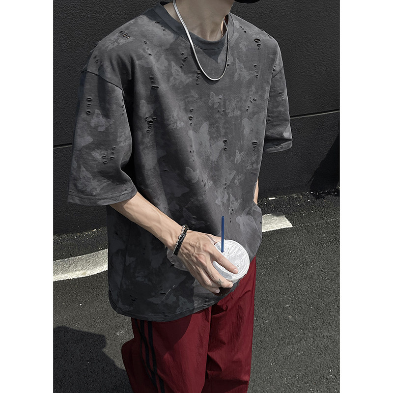 美式纯棉圆领休闲短袖打底衫百搭蝴蝶高街破洞款短袖HY556TP38,男装T恤,电商A102B