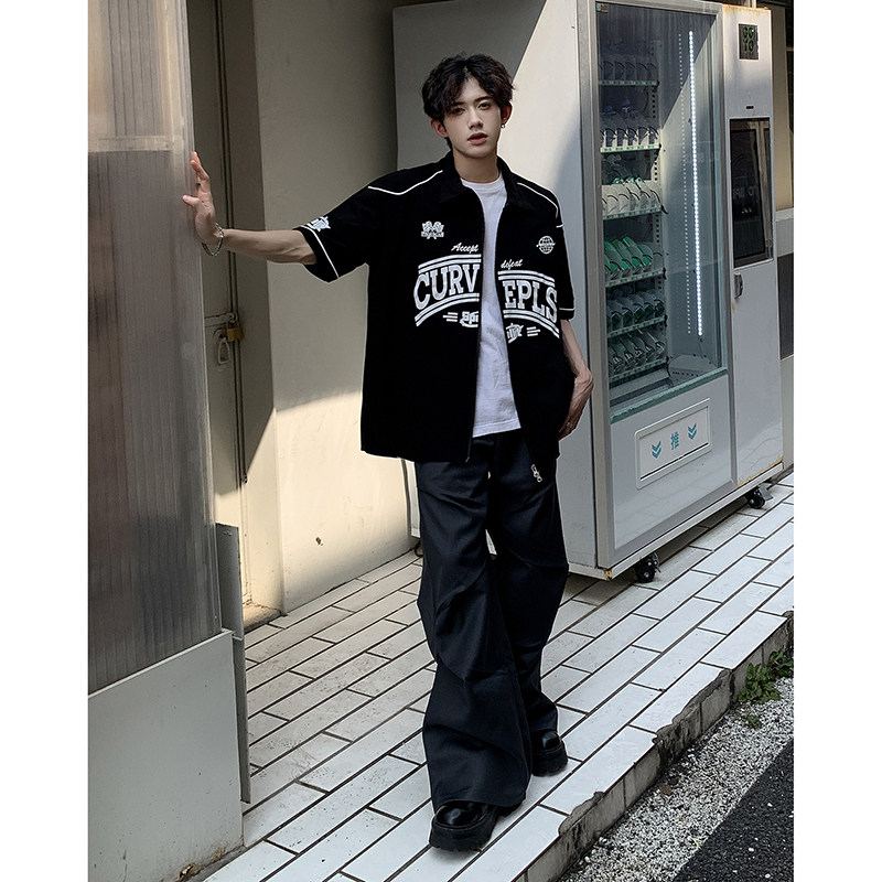 日系棒球服衬衫复古开衫外套男短袖t恤夏季宽松衬衣HY332TP45控69,男装T恤,电商A102B