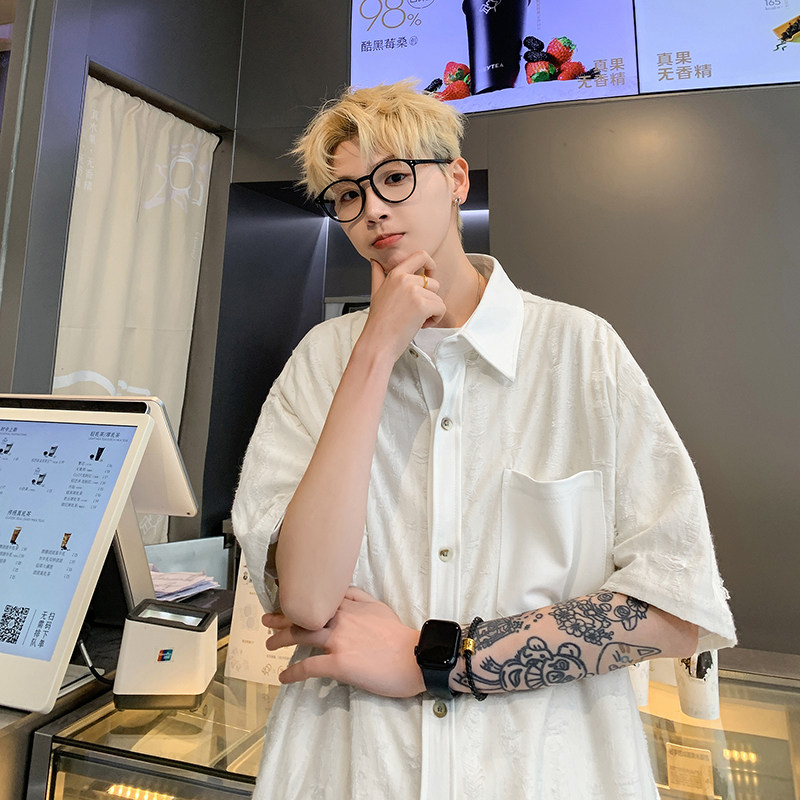 潮牌设计感短袖开衫衬衣美式复古破洞衬衫HY527TP38控59,男装衬衫,电商A102B
