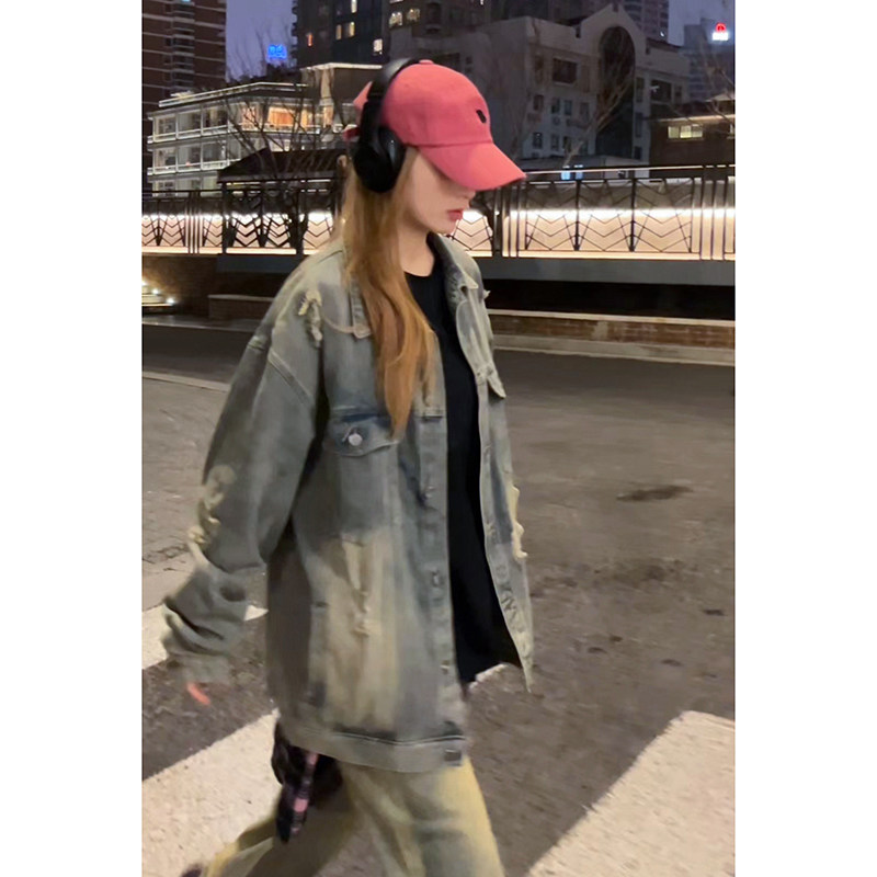 高级感破洞牛仔外套男秋季美式高街痞帅上衣潮牌休闲宽松翻领夹克图片