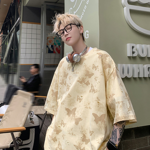 纯棉圆领休闲短袖打底衫美式高街百搭款蝴蝶破洞短袖HY556TP38图片