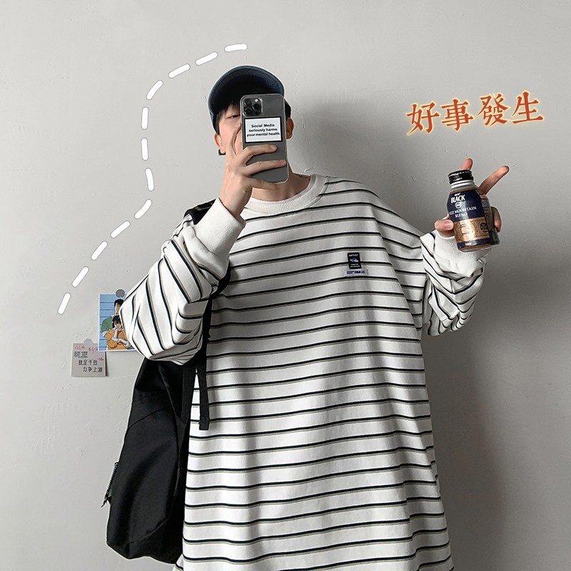凹造型BI备小众设计宽松百搭休闲条纹情侣卫衣男女HY24TP40控58图片