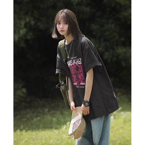 港风玫瑰花款印花短袖男女同款多色纯棉圆领打底衫HY562TP25控39