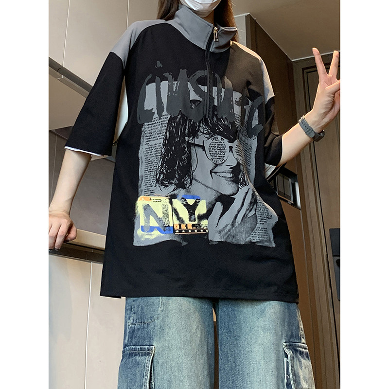 半拉链韩版立领T恤人物印花拼接设计款宽松休闲短袖HY540TP38,男装卫衣,电商A102B