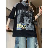 半拉链韩版立领T恤人物印花拼接设计款宽松休闲短袖HY540TP38，男装卫衣，电商A102B
