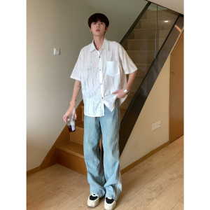 潮牌开衫衬衣新款设计感短袖美式复古破洞衬衫HY527TP38控59图片