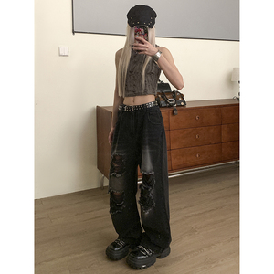 美式高街hiphop潮流百搭裤子宽松休闲直筒破洞牛仔裤K547TP45控68图片
