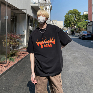 美式vibe圆领纯棉短袖T恤火焰印花宽松休闲打底衫HY573TP20图片