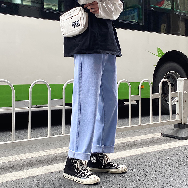 纯色牛仔裤男春季休闲时尚个性潮流宽松直筒阔腿裤T图片
