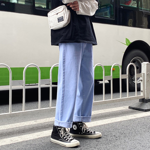 纯色牛仔裤男春季休闲时尚个性潮流宽松直筒阔腿裤T图片