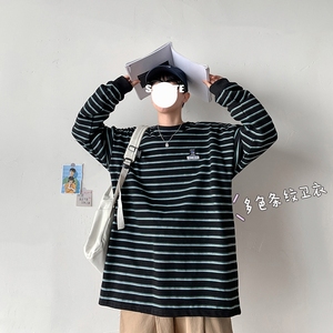 新款ins韩版宽松条纹上衣男女百搭长袖圆领套头卫衣HY24T图片