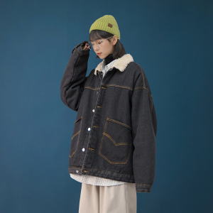 中性风情侣加绒牛仔棉衣夹克加厚棉服男冬季羊羔毛绒HY04JRTP80图片