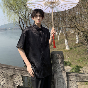 2024夏新中式男装风龙纹提花短袖衬衫男女同款HY518TP38控58图片