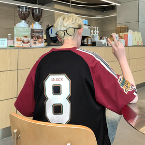 美式街头潮牌拼接色ins风上衣潮牌印花篮球服T恤HY536TP35控58图片