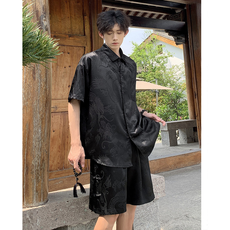 风唐装套装新中式龙纹宽松休闲薄款衬衣短裤T11TP65，男装休闲套装，电商A102B