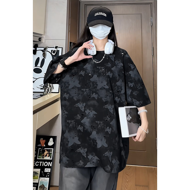 百搭款蝴蝶破洞高街短袖美式圆领纯棉休闲短袖打底衫HY556TP38,男装T恤,电商A102B