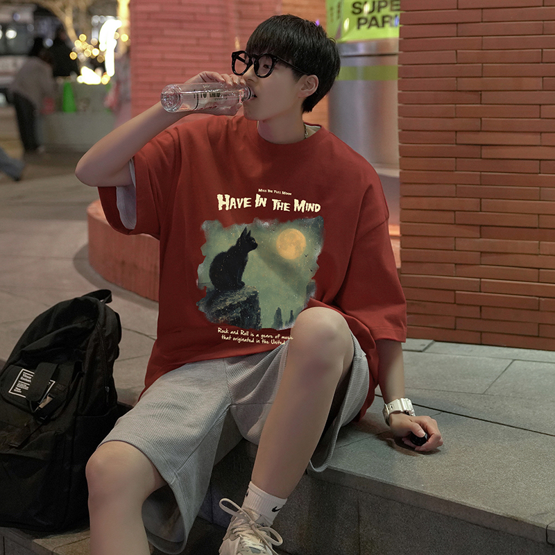 新款情侣ins风纯棉多色印花打底衫男女同款短袖HY559TP25控39，男装T恤，电商A102B