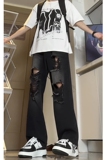 美式高街vibe潮流百搭裤子宽松休闲直筒破洞牛仔裤K547TP45控68，男装牛仔裤，电商A102B