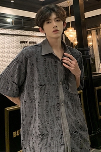 美式ins风潮流开衫短袖衬衣小破洞设计衬衫短袖HY527TP38控59图片