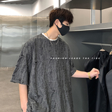 港风ins风破洞t恤短袖青春流行情侣男女宽松上衣HY301TP35控48，男装T恤，电商A102B