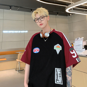 美式街头潮牌拼接色ins风上衣潮牌印花篮球服T恤HY536TP35控58图片