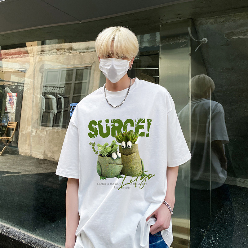 美式多肉植物印花时尚纯棉T恤oversize高街圆领打底衫HY571TP20,男装T恤,电商A102B