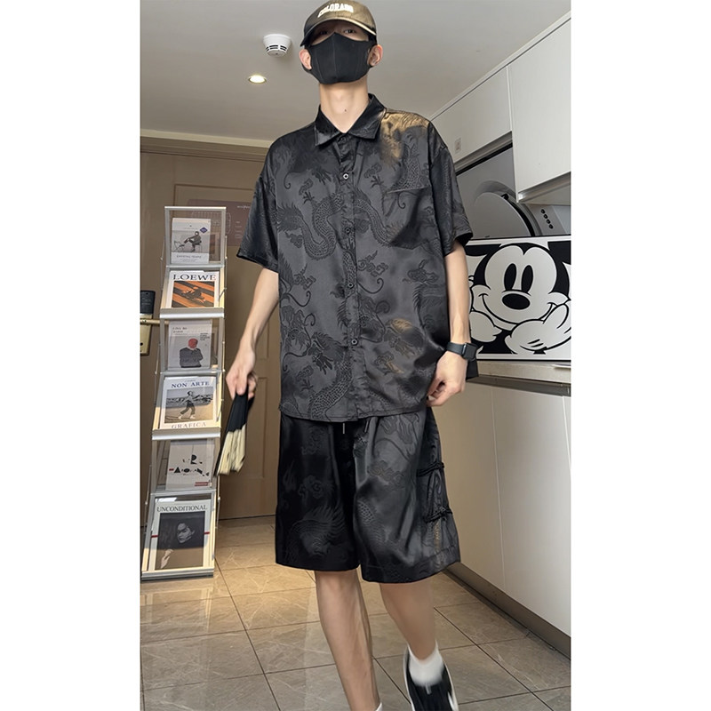 新款风套装新中式龙纹宽松休闲薄款衬衣短裤套装唐装T11TP65,男装衬衫,电商A102B