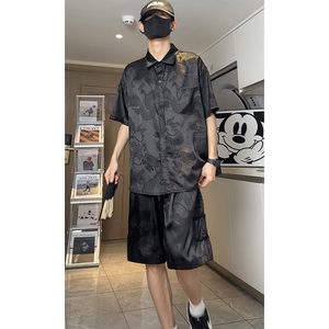 新款风套装新中式龙纹宽松休闲薄款衬衣短裤套装唐装T11TP65图片