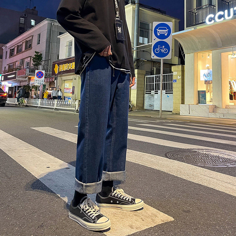 复古水洗基础款牛仔拖地裤日系宽松纯色休闲阔腿裤子图片