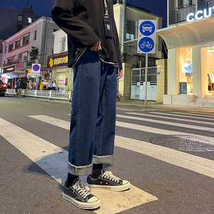 复古水洗基础款牛仔拖地裤日系宽松纯色休闲阔腿裤子图片