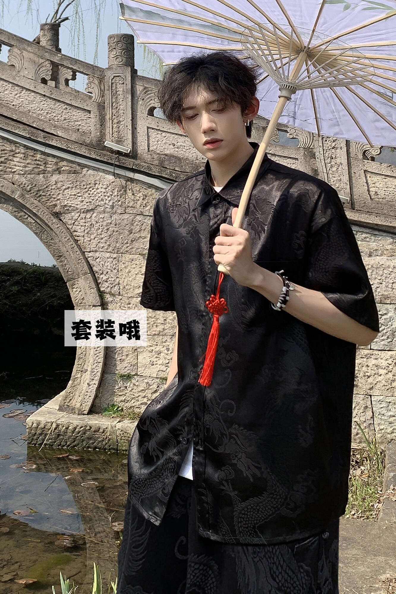 唐装风套装新中式龙纹宽松休闲薄款衬衣短裤T11TP65,男装衬衫,电商A102B