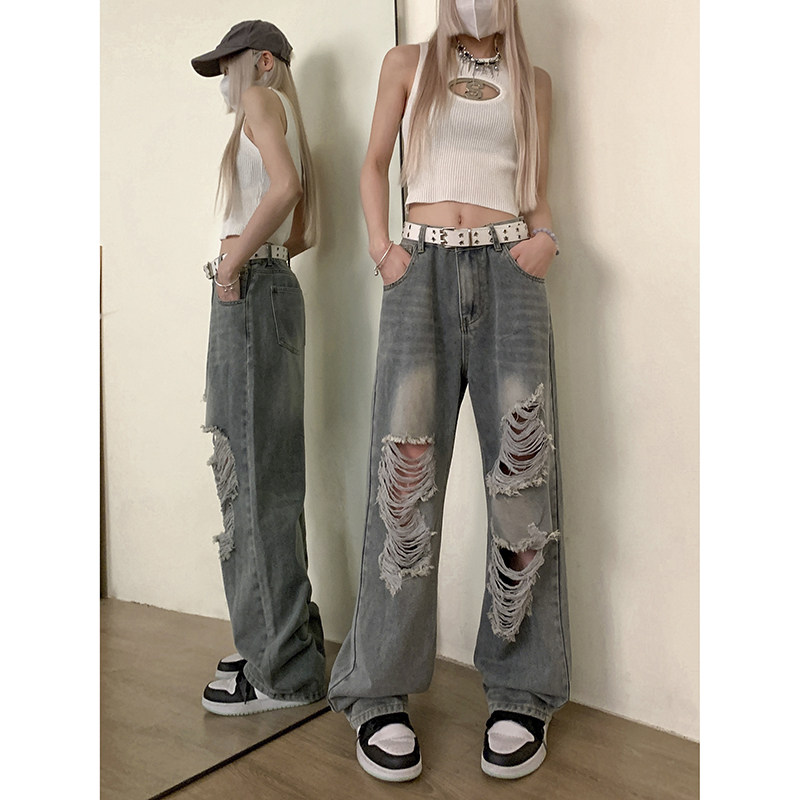 美式hiphop高街潮流百搭裤子宽松休闲直筒破洞牛仔裤K547TP45控68图片