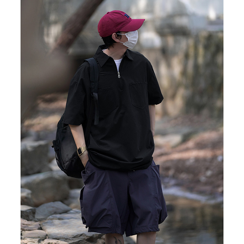 日系Polo衫短袖男潮牌衬衫T恤复古工装oversize半袖HY298TP45控68,男装T恤,电商A102B