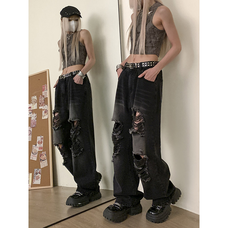 美式hiphop高街潮流宽松休闲直筒破洞牛仔裤休闲百搭K547TP45控68,男装休闲裤,电商A102B