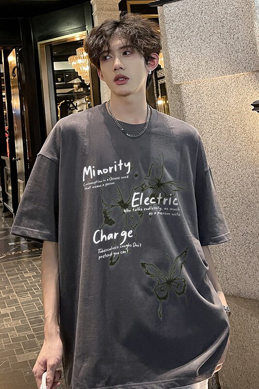 美式高街蝴蝶短袖男女同款多色纯棉印花打底衫HY561TP25控39,男装T恤,电商A102B