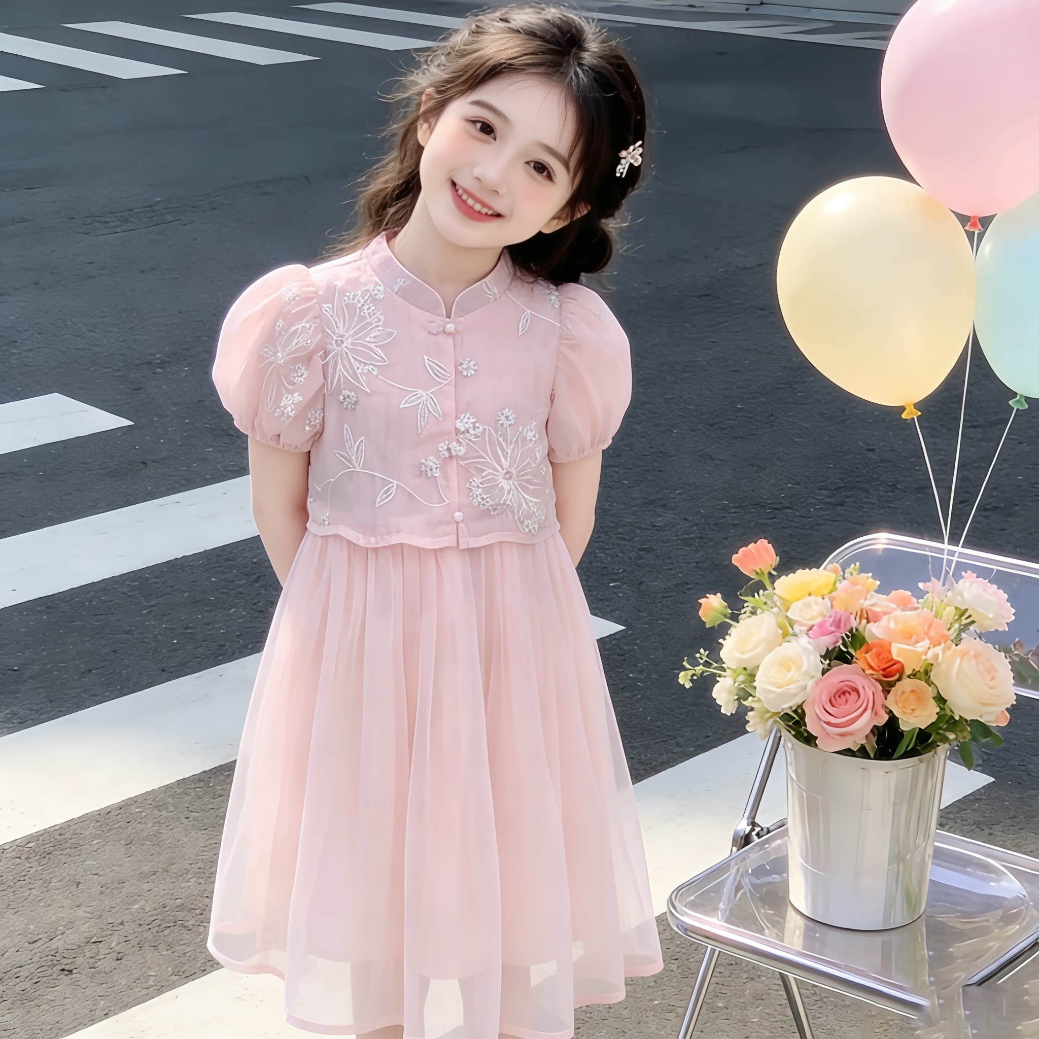 女童公主风连衣裙夏季新款洋气网纱刺绣中裙表演礼服裙网纱拼接