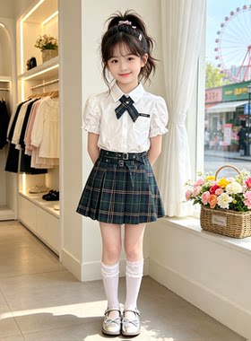 女童夏季学院风两件套泡泡袖衬衫格纹百褶裙jk制服套装校服格子裙