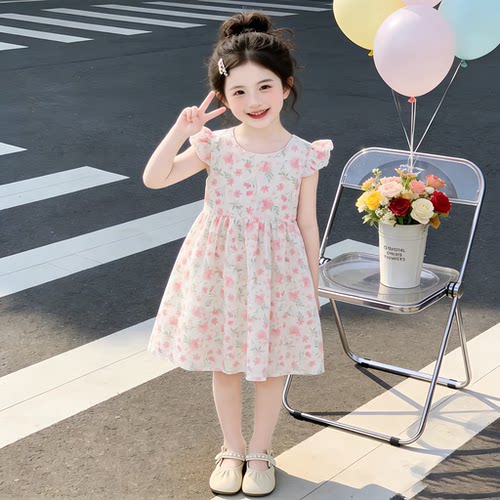 女童夏季公主连衣裙2026儿童洋气碎花飞袖收腰中裙甜美风公主裙子