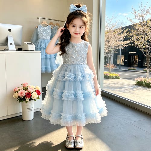 女童夏季网纱公主连衣裙洋气蛋糕裙生日礼服裙表演裙蓬蓬裙公主裙