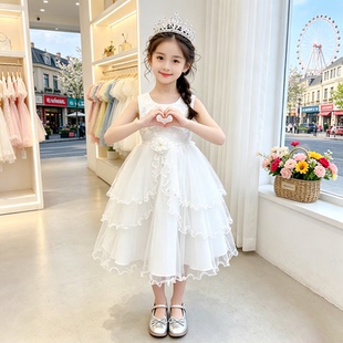 女童白色纱裙连衣裙儿童夏装公主风蓬蓬裙洋气超仙表演裙舞蹈裙子